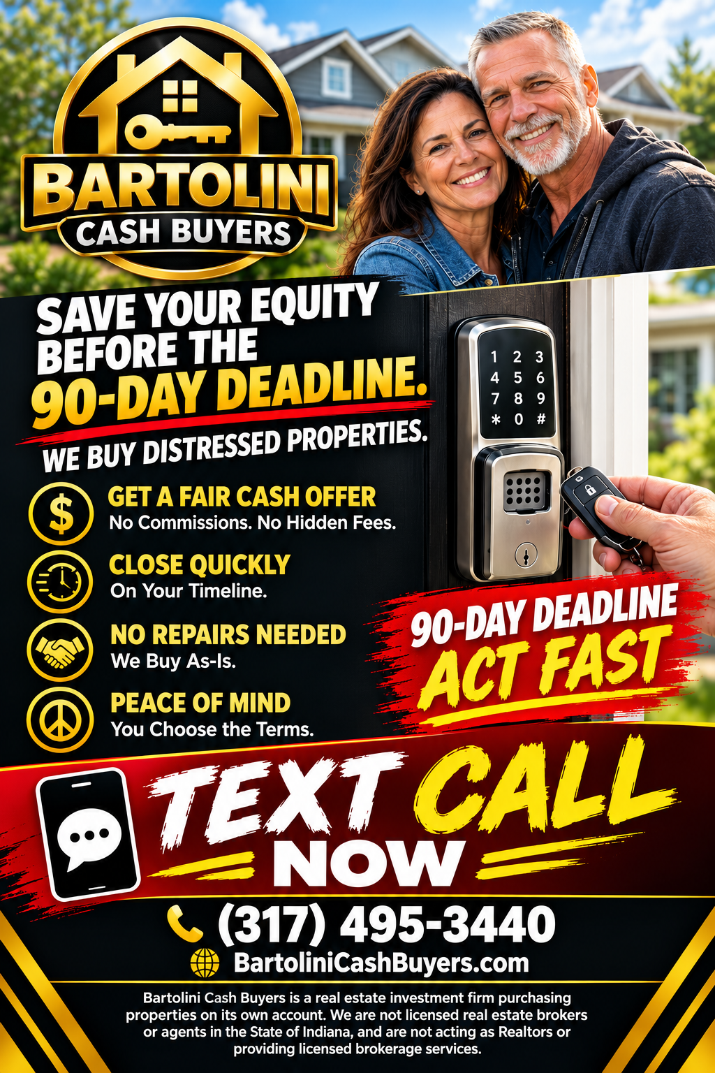 Bartolini Cash Buyers postcard mailed to Indianapolis homeowners facing foreclosure — sell your house fast for cash